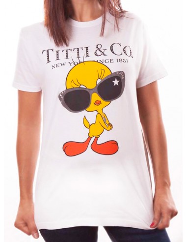 Al diablo con tu camiseta falsa con estampado en la parte delantera "Titti und Co", con piolín y gafas de sol.