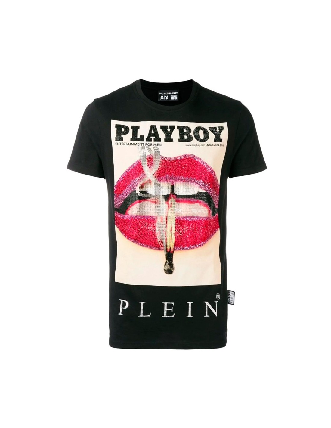 Philipp PLEIN X Playboy Cristales Cuello Redondo Camiseta los labios con logotipo en rojo negro 08453